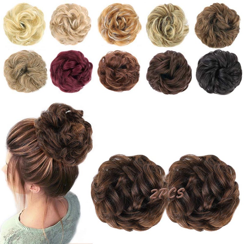 MORICA 2PCS Messy Bun Hair Piece, Fake Hair Extension Curly Wavy Synthetic Chignon Scrunchies Ponytail Hair Pieces for Thin Hair, Women (Dark Brown & Light Auburn Mixed) - Image 1